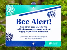 Sign for the beehives on Endicott's campus
