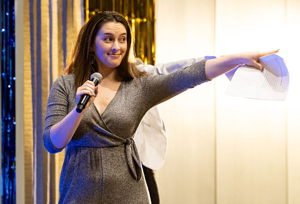 An announcer at the Endicott Fashion Show