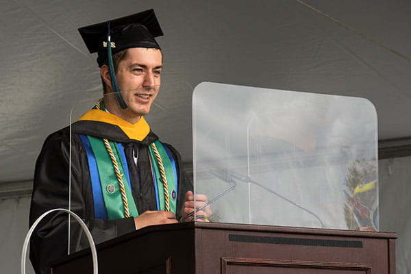 Joy enveloped the Nest as more than 1,000 Gulls graduated at Endicott’s 84th Commencement on May 18, and Commencement speaker Chris Christie, former governor of New Jersey, encouraged graduates to get off their phones and start living face-to-face. 