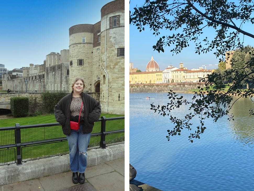 Brooke Rameaka ’26 in front of the historic Tower of London, and a view of the Duomo in Florence