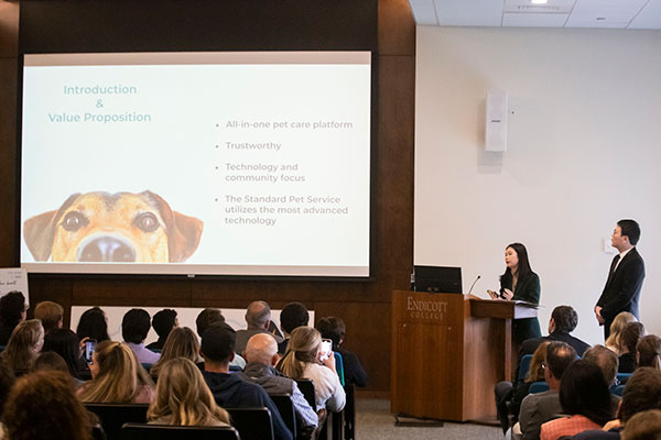 Students, including Yuhao Wu '24, presenting at the annual entrepreneurship competition Spark Tank.