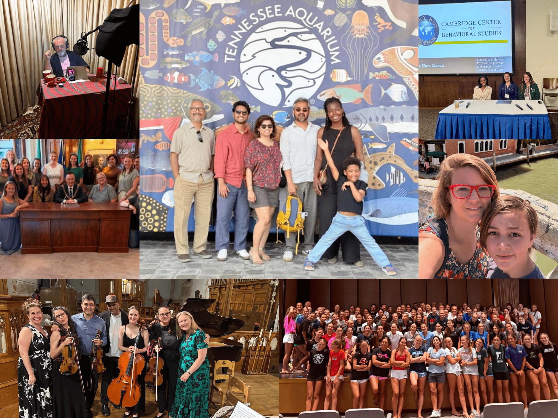 Photo collage showing faculty summer activities, including travel, group photos, musical performances, and presentations.