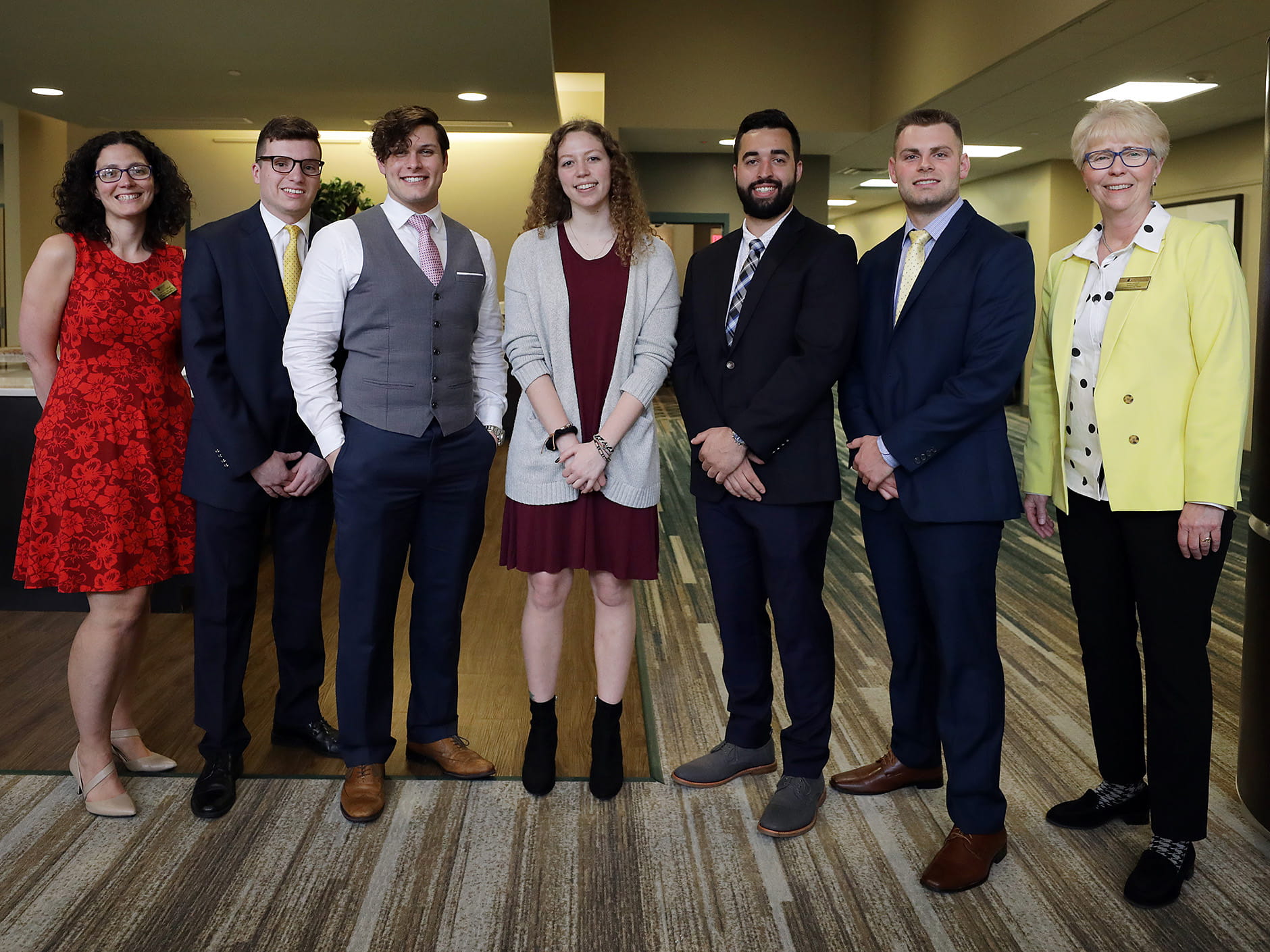 From left to right: Jessica Kaufman, associate professor of biotechnology and bioengineering at Endicott; Ben Sawyer, senior; Chase Andrews, junior; Haley Noel, sophomore; Ian Schmidt, junior; Michael Scherer, senior; Deirdre Sartorelli, director of the Angle Center for Entrepreneurship at Endicott.
