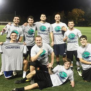 rec sports team of guys celebrating victory