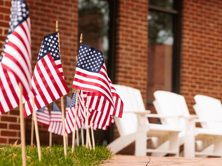 US flags on Endicott campus